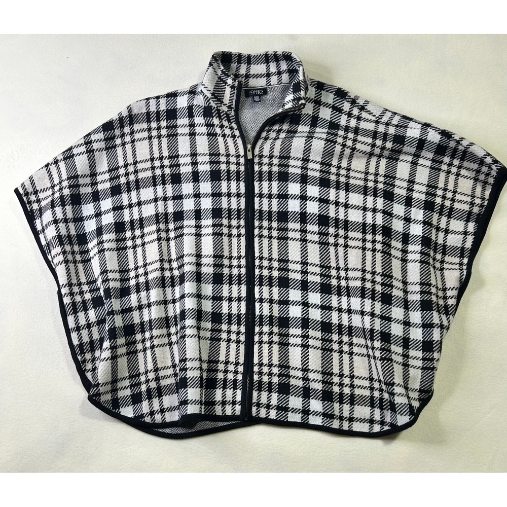Jones New York Womens Black White Plaid Full Zip Knit Poncho Wrap Mock Neck S/M